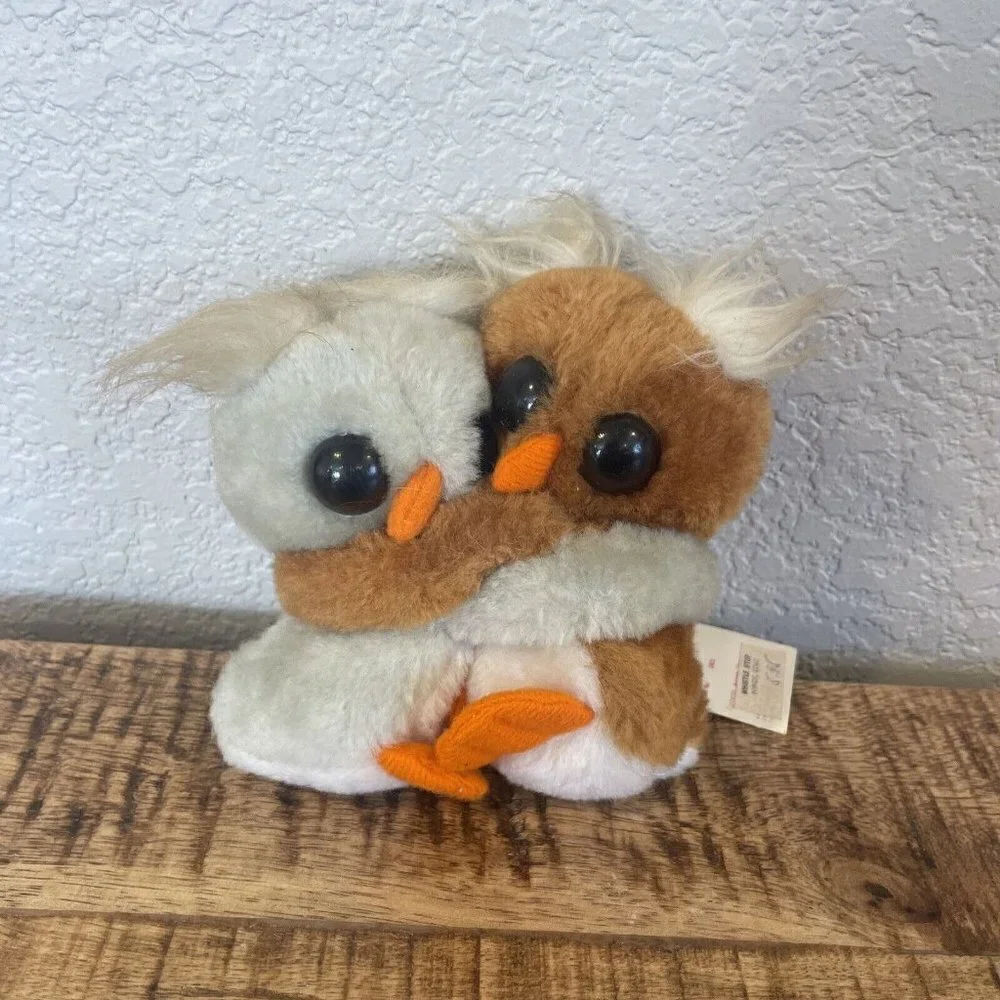 Vintage Kamar Owl Pair Hugging Plush Fall Small Stuffed Animals Brown & Gray Tag